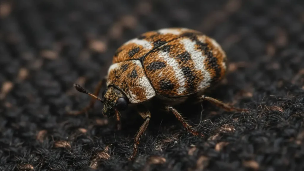 Petit coléoptère brun sur textile