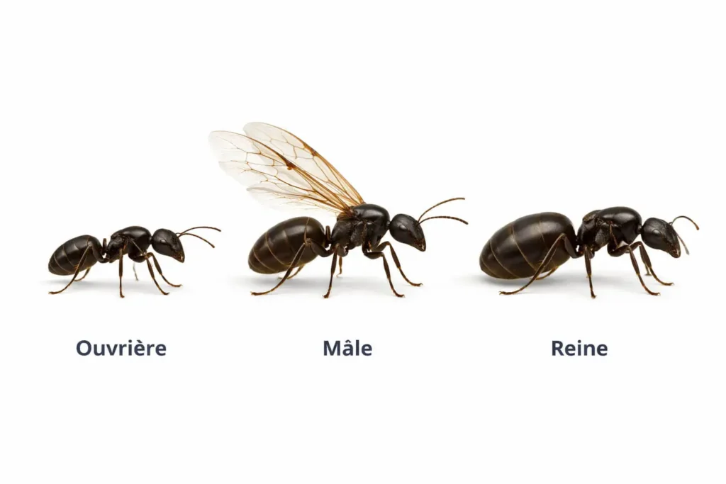 Ouvrière, mâle et reine d’une colonie de fourmis charpentières