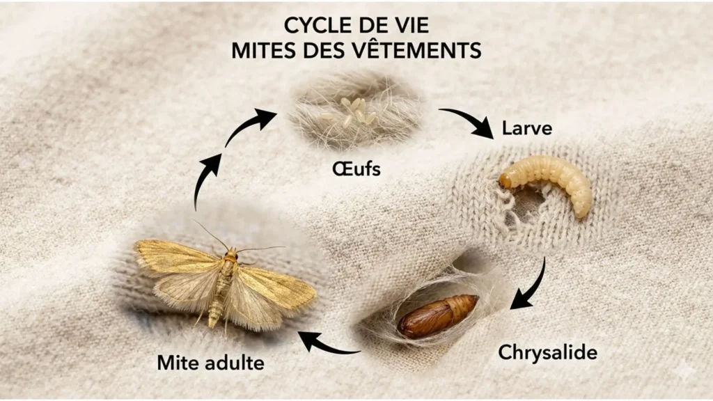 Le cycle de vie des mites  œuf, larve, cocon, papillon